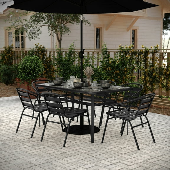 BizChair 7 Piece Commercial Outdoor Patio Dining Set with 60" Tempered Glass Patio Table with Umbrella Hole and 6 Black Triple Slat Chairs