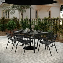 BizChair 7 Piece Commercial Outdoor Patio Dining Set with 60" Tempered Glass Patio Table with Umbrella Hole and 6 Black Triple Slat Chairs
