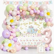 Tea for Three Party Decorations, 126 PCs - 3 Year Old Tea Party Birthday Supplies Girl with Floral Teapot Backdrop, Balloon Garland, Tablecloth, Cake Topper