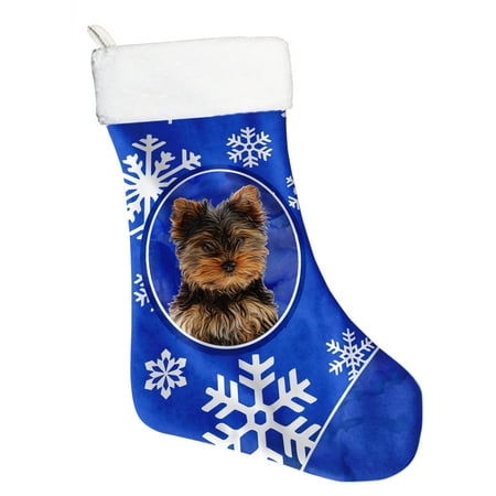 Terrier Holiday Stocking - Winter Snowflakes Holiday Yorkie Puppy / Yorkshire Terrier Christmas Stocking