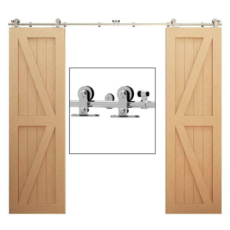 5 ft./60 in. Stainless Steel Sliding Barn Door Hardware Kit Spoke Wheel for Single Door with Non-Routed Floor Guide 5 ft./60 in. Stainless Steel Sliding Barn Door Hardware Kit Spoke Wheel for Single Door with Non-Routed Floor Guide