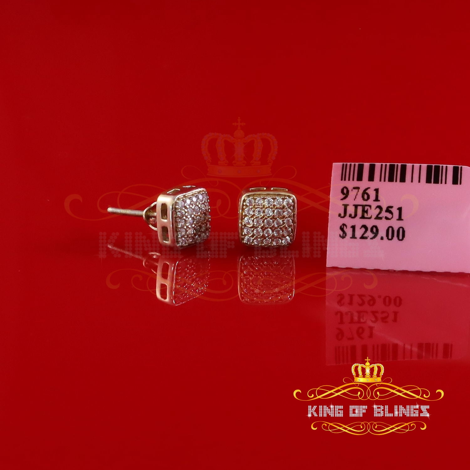 King of Bling's Elegant Yellow 925 Silver 0.50ct Cubic Zirconia Screw Back Square Ladies Earring