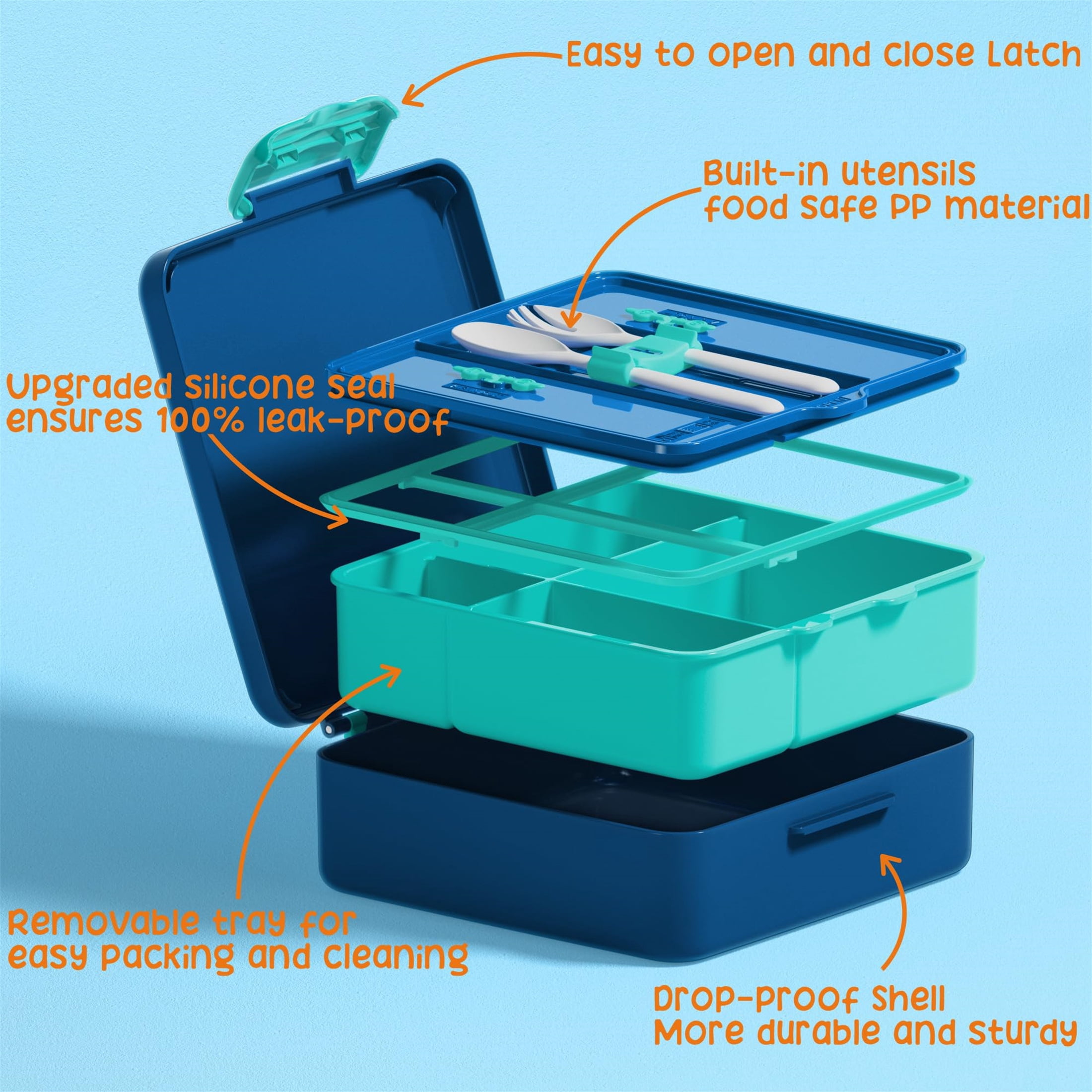 Bento Lunch Box, 40OZ Leak Proof Bento Box with 4 Compartments Lunch Container with Utensils (Nautica Blue)