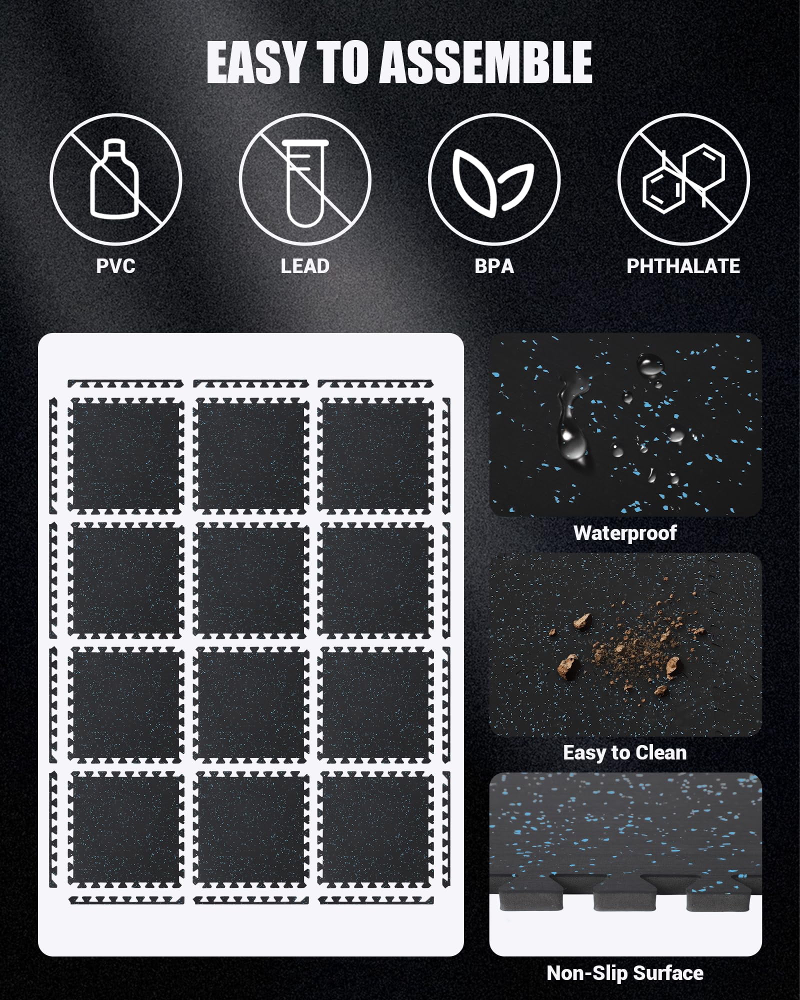 PYY Interlocking Gym Flooring Tiles Rubber Top with EVA Foam Approx 0.6in Thick Puzzle Exercise Mats for Home Gym Workout Heavy Equipment Base Black with Blue Flecks