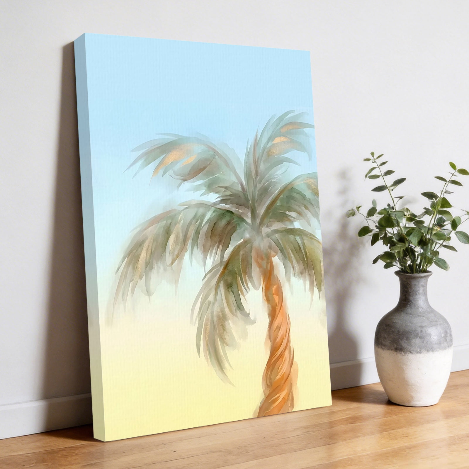 Summer Palm Tree Canvas Wall Art for Living Room, Coastal Tropical Plant Watercolor Texture Poster Print Painting for Bedroom Office Home Decoration Wall Pictures Prepare To Hang 22"x28"
