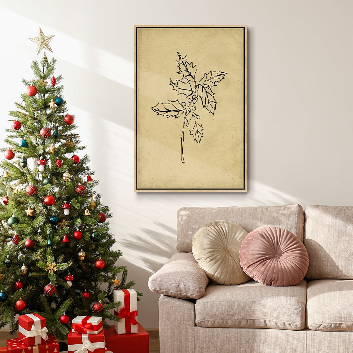 Holly Branch I - Framed Gallery Wrapped Holiday Canvas - 17 x 25 - Natural Wood Frame