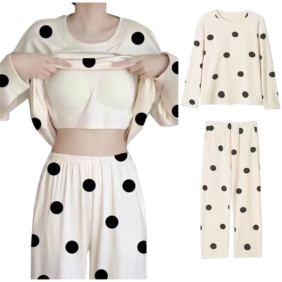 Tnhcen Two-Piece Women's Pajamas Set with Built-in Breast Pads Long Sleeve Charming Nightgown Soft Snug Lounge Wear M-3XL