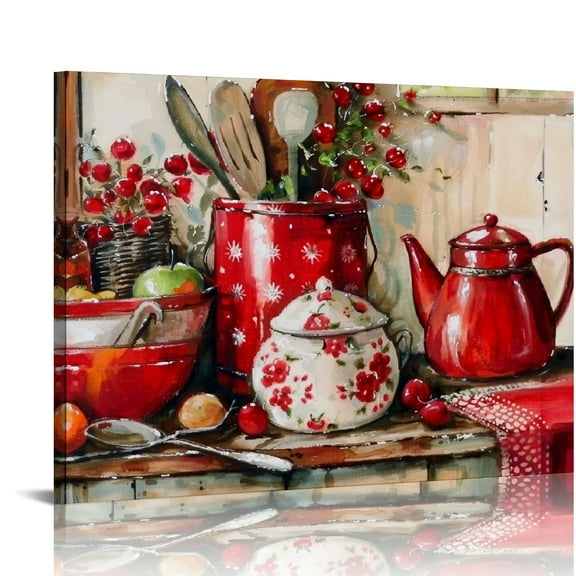Pratyus Red Pot Red Kettle Canvas Print on Canvas Wall Decor for Bedroom Kitchen - Ready to Hang Home Art Decor for Living Room Office Hotel Salon - Ideal Gift Idea 16x12in