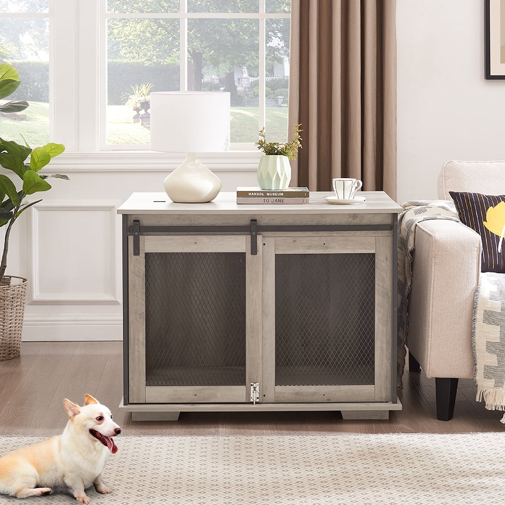 Resenkos Dog House, Pet House,Dog Cave,Farmhouse Dog Cage Crate Furniture with Sliding Barn Door, Farmhouse Wooden Dog Kennel End Table,Gray