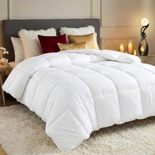 Comforters Queen Size, All Season Duvet Insert, Down Alternative Box Stitched Bed Comforter with Corner Tabs, Machine Washable (White)