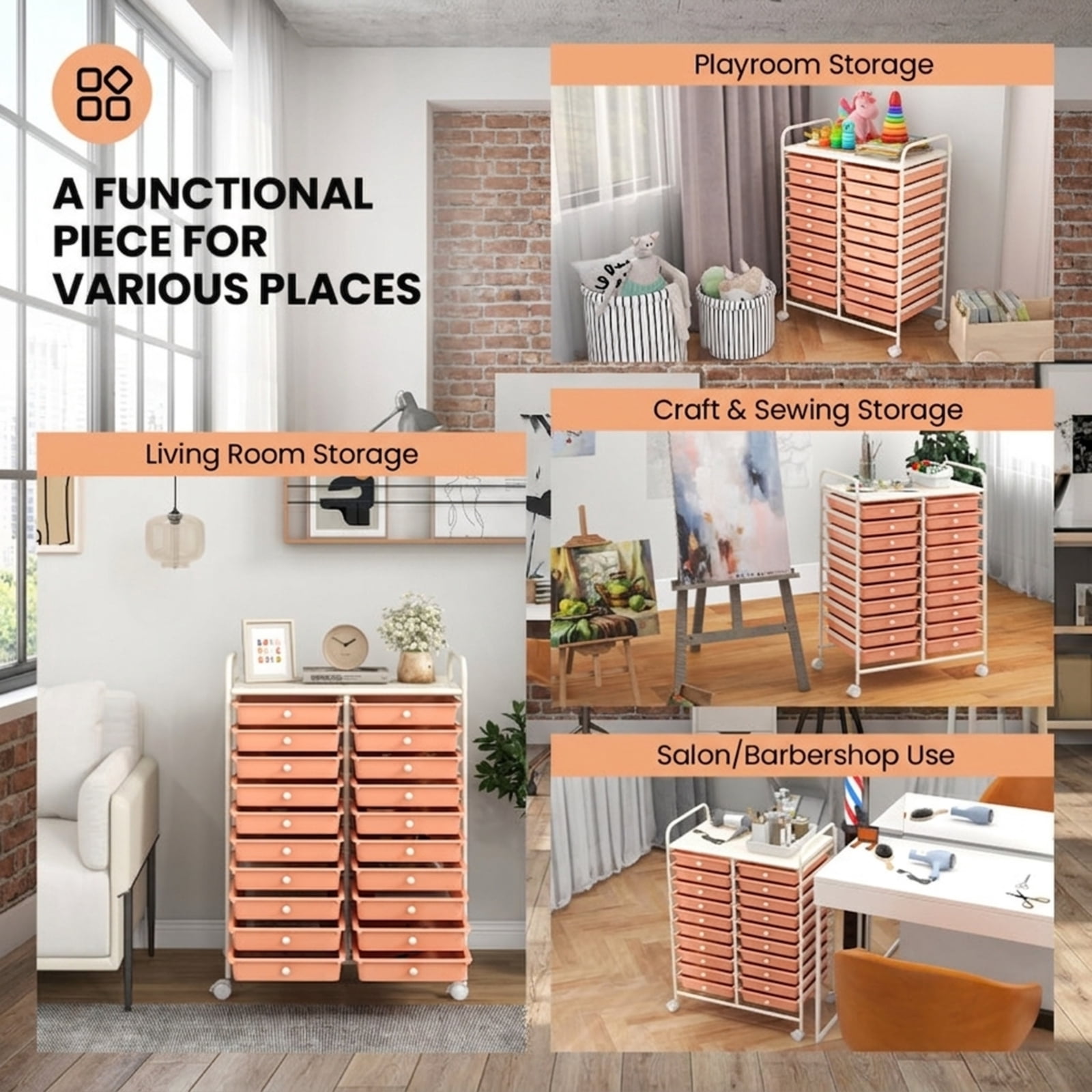 Furnibear 20 Drawers Rolling Storage Cart Studio Organizer Multi for Home Office Craft Room Classroom, Peach