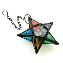 BNNG European Style Colored Embossed Glass Five Pointed Star Candlestick Hanging Wind Lamp Aromatherapy Candle Holder Home Decoration Car Pendant