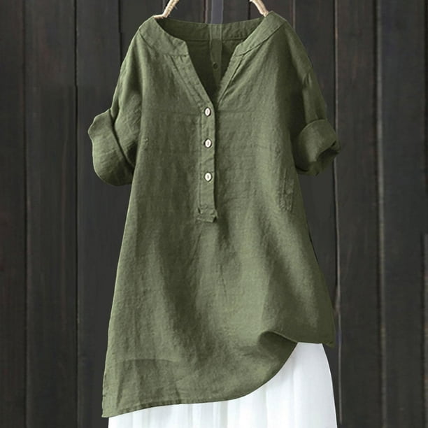 MKLEKYY Playeras Mujer Algodon Camisas Para Mujer, Botones, Cuello En V, Manga Larga, Blusas Elegantes De Moda, Ropa Informal Holgada Y Cómoda. Talla M