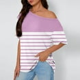 thumbnail image 2 of MIUOWANP T-Shirts for Women Casual Striped Printed Skew Collar Loose Short Sleeve Tops Pink S, 2 of 5