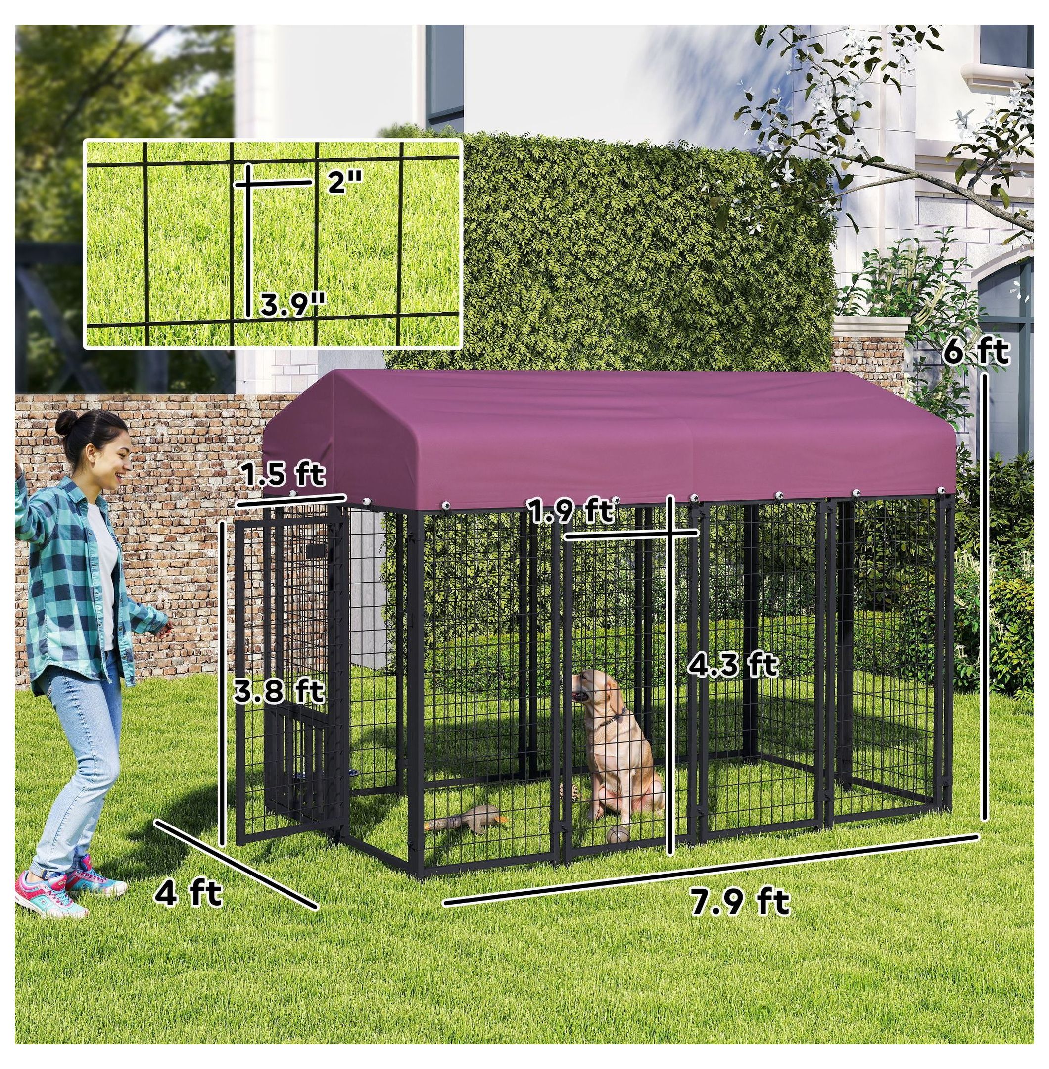 Welded Wire Dog Kennel, Outdoor Dog Run with Cover, 7.9'x4'x6', 360° Rotating Bowls, Adjustable Height, Lockable Gate, Heavy Duty Steel for Large Dogs up to 66lbs