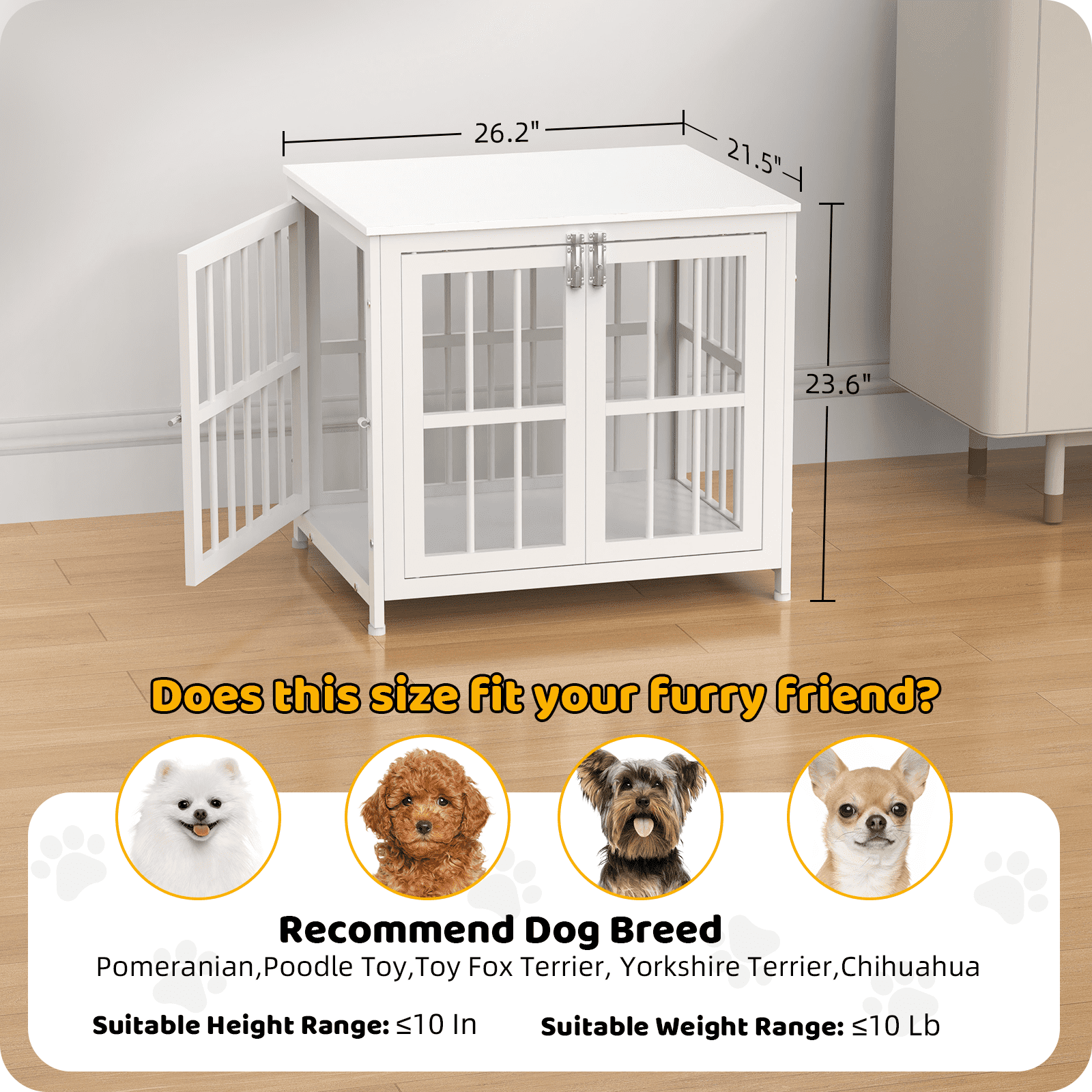 Ironovahome 26" Heavy Duty Dog Crate Furniture, Chew-Proof & Escape-Proof Wooden Dog Cage with Safe Locks & Double Doors, Indoor Dog Kennel Pet House for Small Dogs Up to 10lb, White