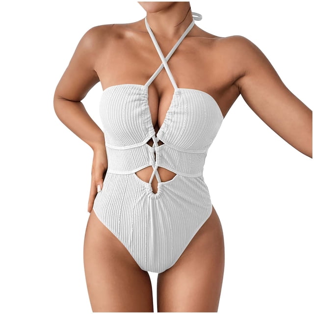 Women's One Piece Swimsuit Tie Back, Solid Color Open Back Bathing Suit with Padded Bra, for Swimming Pool Beach Vacation