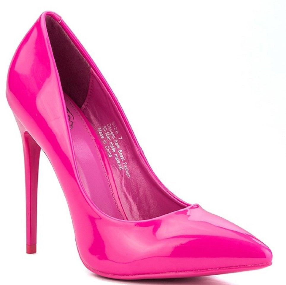 pink pointed block heels