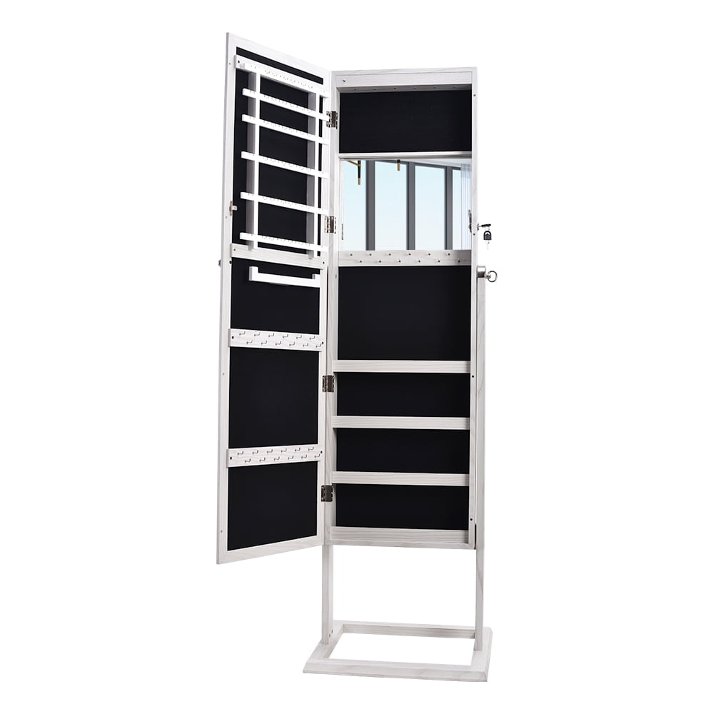 Wood Grain Square Jewelry Storage, Dressing Mirror Cabinet with LED Light, White