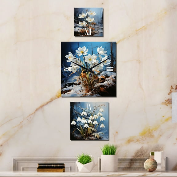 Designart "Verdant Winter Snowdrops" Snowdrops Oversized Wall Clock - Set Of 3 - Extra large Traditional Clock For Office Décor - Large Vertical Clock