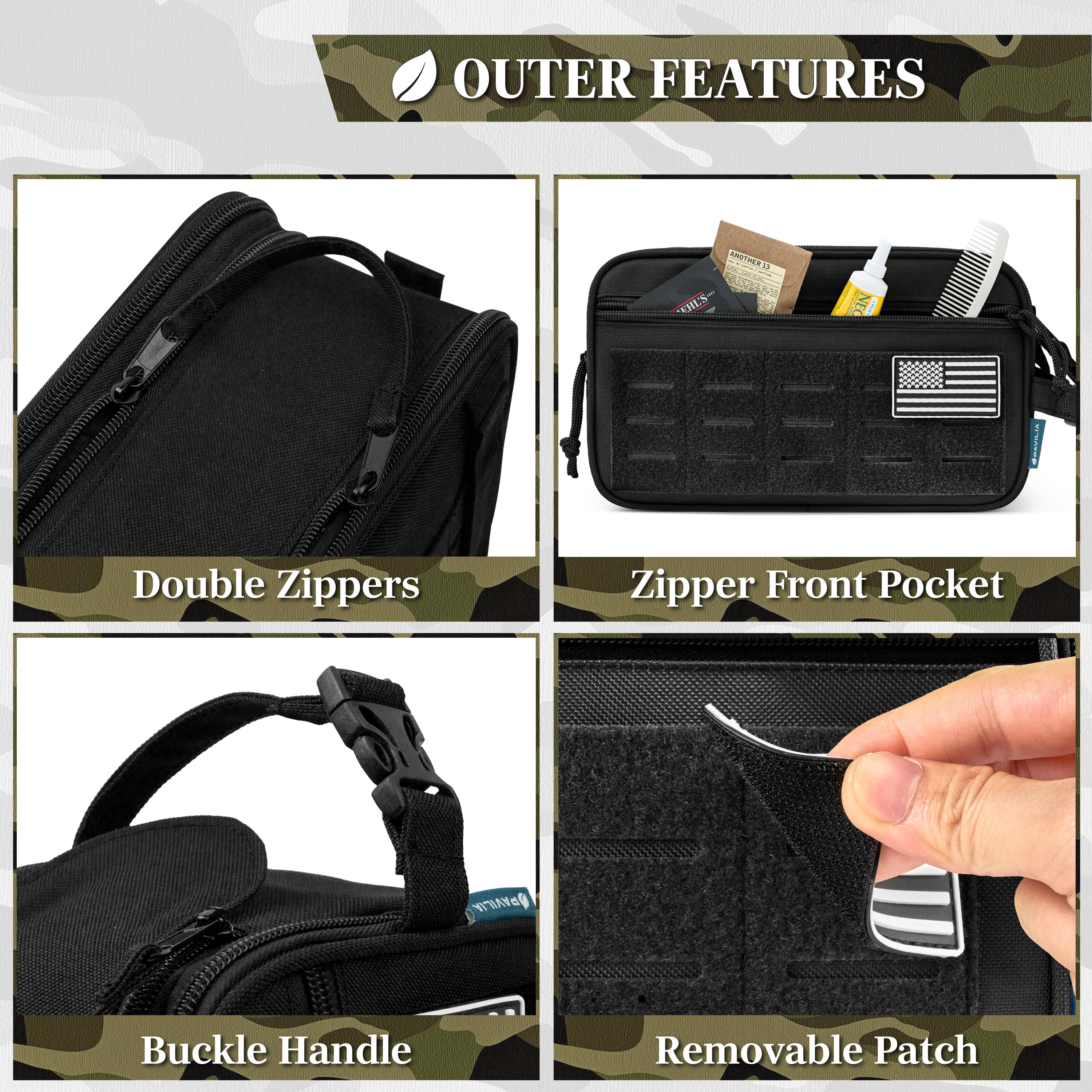 Pavilia Extra Large Tactical Toiletry Bag for Men, Hygiene Travel Bag, Military Dopp Kit, Water Resistant Molle Pouch, Mens Shaving Grooming Essentials, Bathroom Shower Small Organizer Case, Black