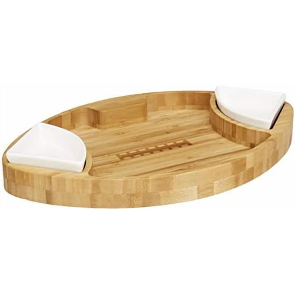 Football Shaped Bamboo Serving Tray (10" x 16" x 2.5”) Includes 2 Dip Trays - Large Chip Serving Dish for Parties$$Home Decor, Kitchen, & Other