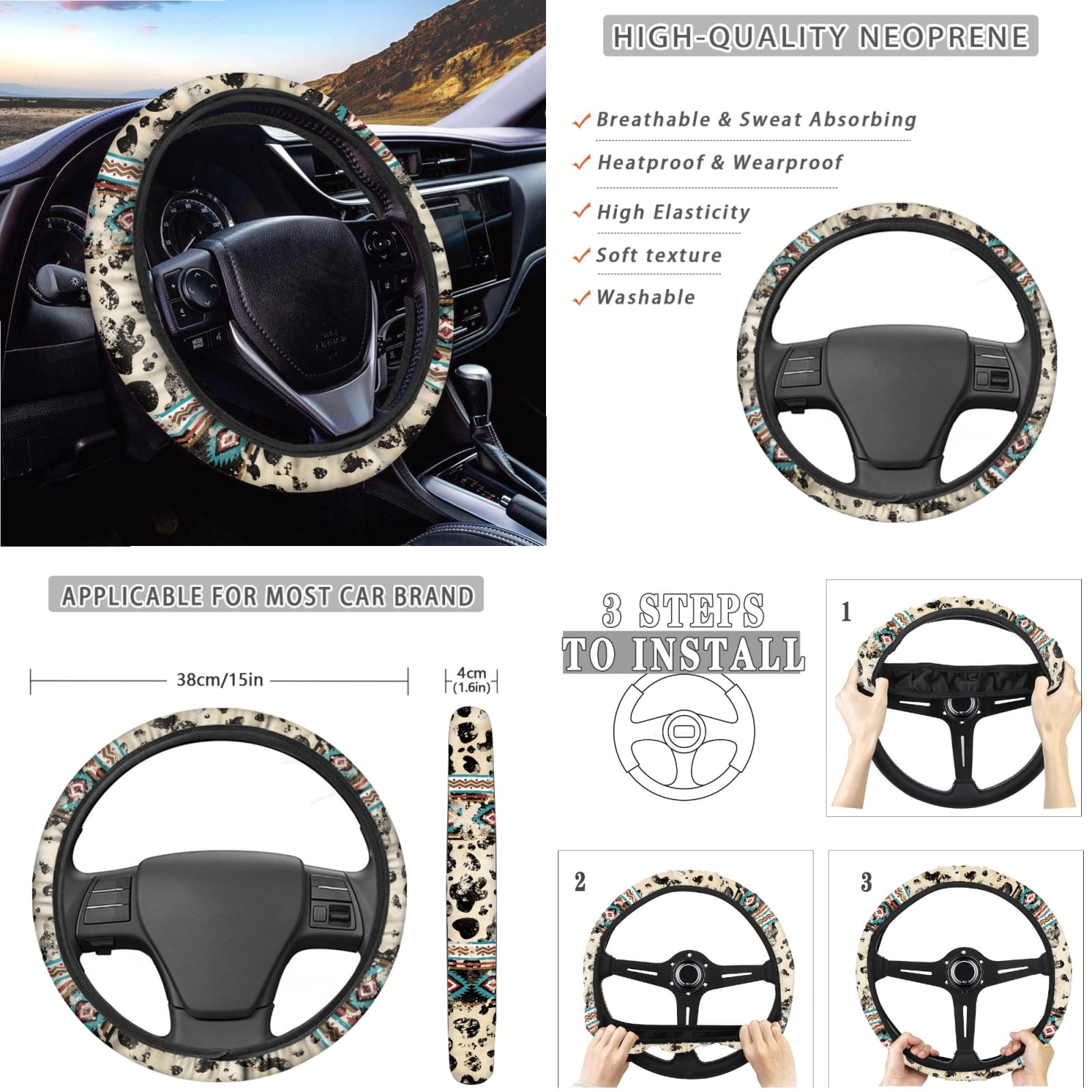 Renewold American Tribal Cow Print Car Front Back Seat Covers 14 PCS Set, with Steering Wheel Cover Seat Belt Pad Garbage Bin Armrest Cover Pad Rearview Mirror Cover Handbrake Cover Set Coasters