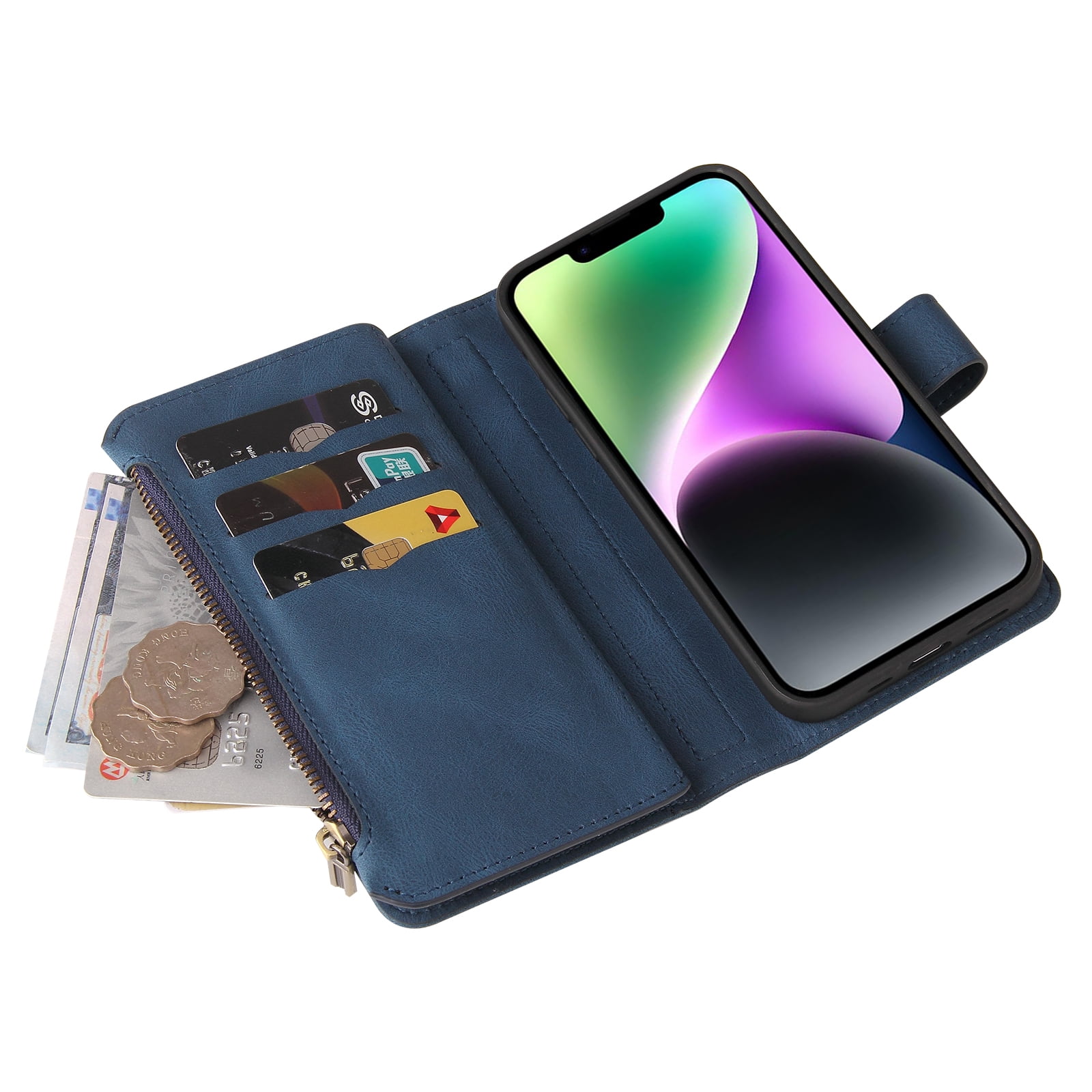Wallet Case for iPhone 15, Magnetic Zipper Pouch Premium PU Leather with Kickstand Wallet Flip Shockproof Phone Case Wrist Strap Card Slots Holder Pocket iPhone 15,
Blue