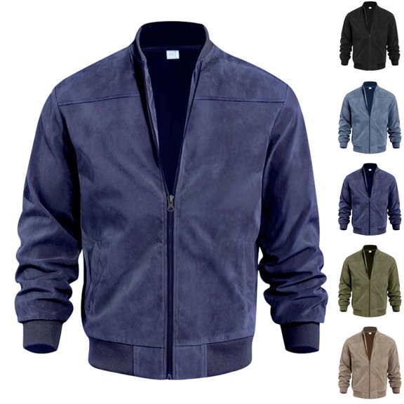 GrmtClth Mens Jackets Faux Suede Full Zip Stand Collar Bomber Coat Multi Storage Pockets Spring Fall Office & Outdoor Fashion Outwear Navy 2XL