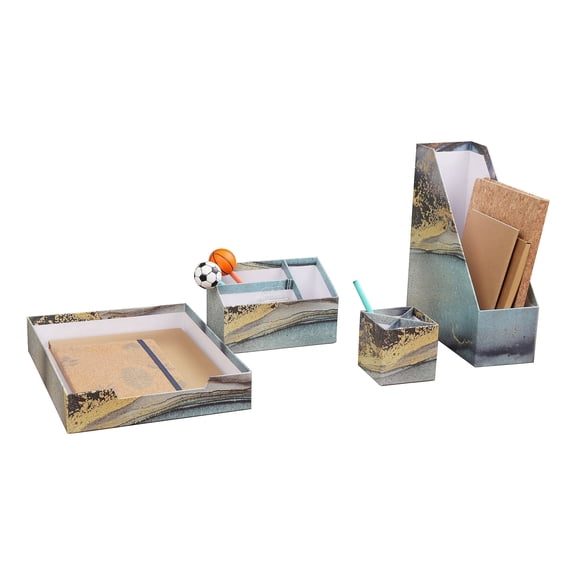 Realspace 4-Piece Desk Accessory Organizer Set, Blue & Gold Marble, Letter Tray, Pencil Cup, Magazine File and Desktop Organizer
