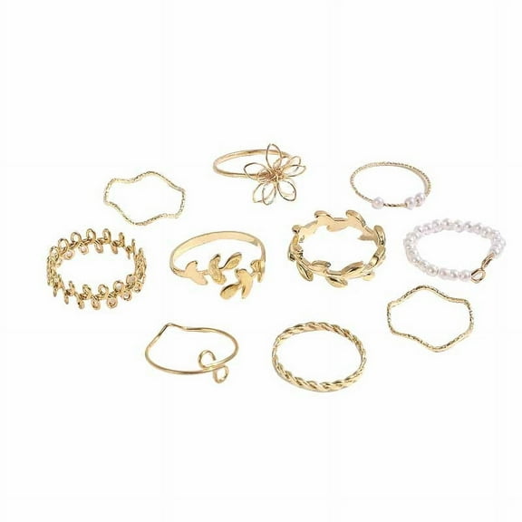 Guodhu 10PCS Stainless Steel Golden Leaves Leaf Laurel Rings for Women Adjustable Open Branch Rings pearl Rings Women Jewelry