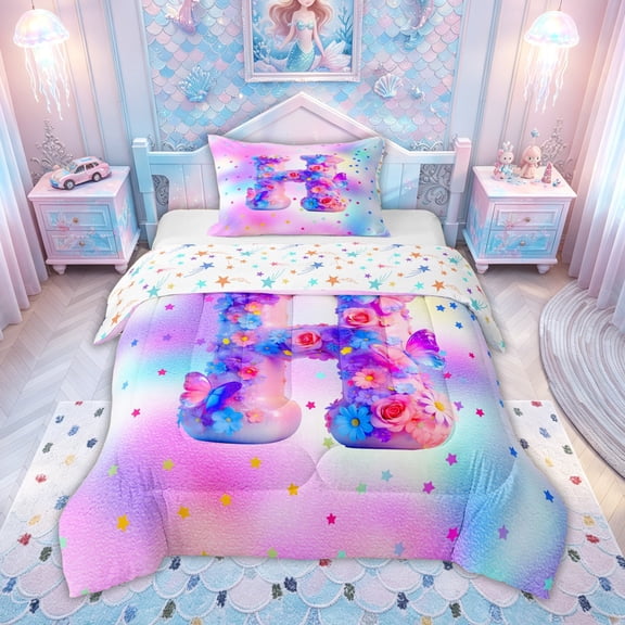 meiyoeat Flower Butterfly Initial Rainbow Twin Comforter Sets, Watercolor Galaxy Stars Bedding Set for Girls, Colorful Star Reversible, 2-Piece, 1 Comforter and 1 Pillowcase