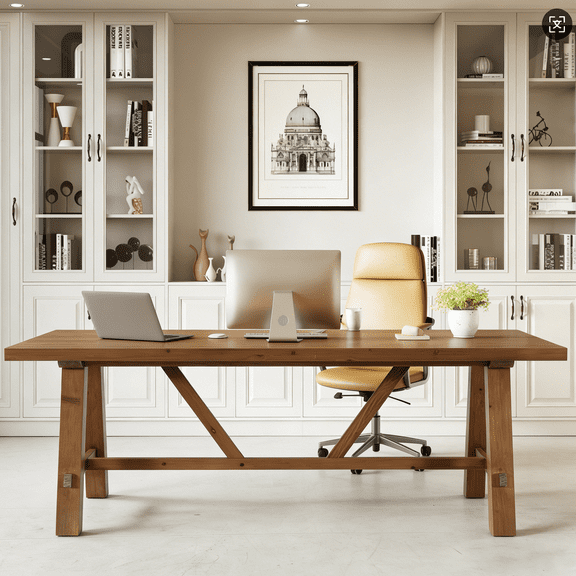 79" Solid Wood Executive Desk, Large Rustic Home Office Computer Desk, Farmhouse Writing Table for Workstation & Study Room, Extra-Long Wood Desktop