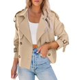 thumbnail image 3 of Women Long Sleeve Double Breasted Notched Lapel Casual Loose Fit Cropped Trench Jackets with Pockets Light Khaki M, 3 of 8