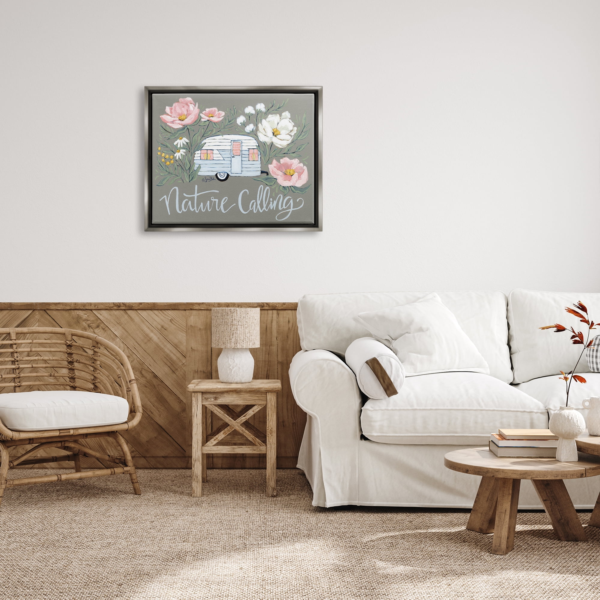 Stupell Industries Nature Calling Floral Camper Botanical & Floral Painting Gray Floater Framed Art Print Wall Art, 31 x 25