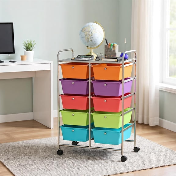 Topcobe 10-Drawer Rolling Storage Cart, Rolling Carts with Wheels for Kitchen, Living Room, Deep Multicolor