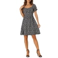 thumbnail image 1 of Vestidos de escote corazón INSPIRE CHIC para mujeres con espalda fruncida y mangas cortas abullonadas, vestido midi negro L, 1 of 6