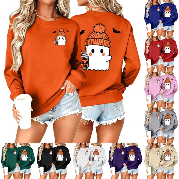 Jsaierl Halloween Sweatshirts for Women Spooky Ghost Graphic Pullovers Fall Loose Fit Crewneck Long Sleeve Sweater Tops Halloween Party Supplies, Sizes S-2XL
