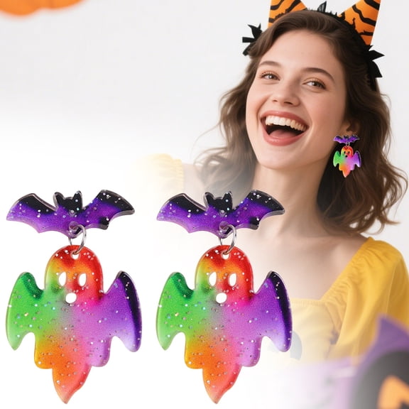 Vivcore Halloween Earrings Colorful Bat Ghost Acrylic Fun Dangle Women Costume Accessory