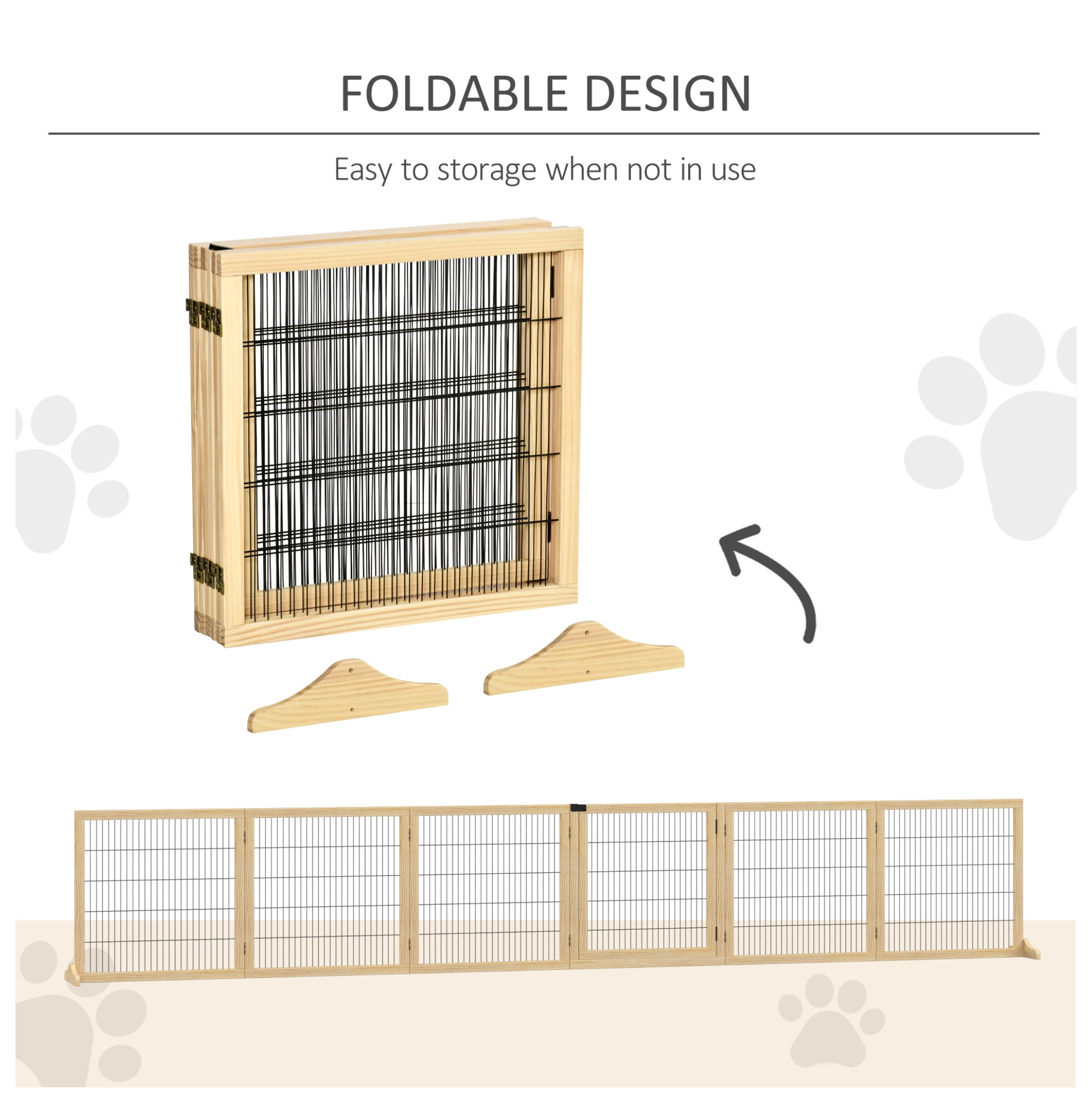 Wooden Dog Gate, 170" Freestanding Pet Gate, 6-Panel Foldable Dog Safety Barrier with 2 Support Feet for House Doorway Stairs, Small and Medium Dogs, Natural Wood