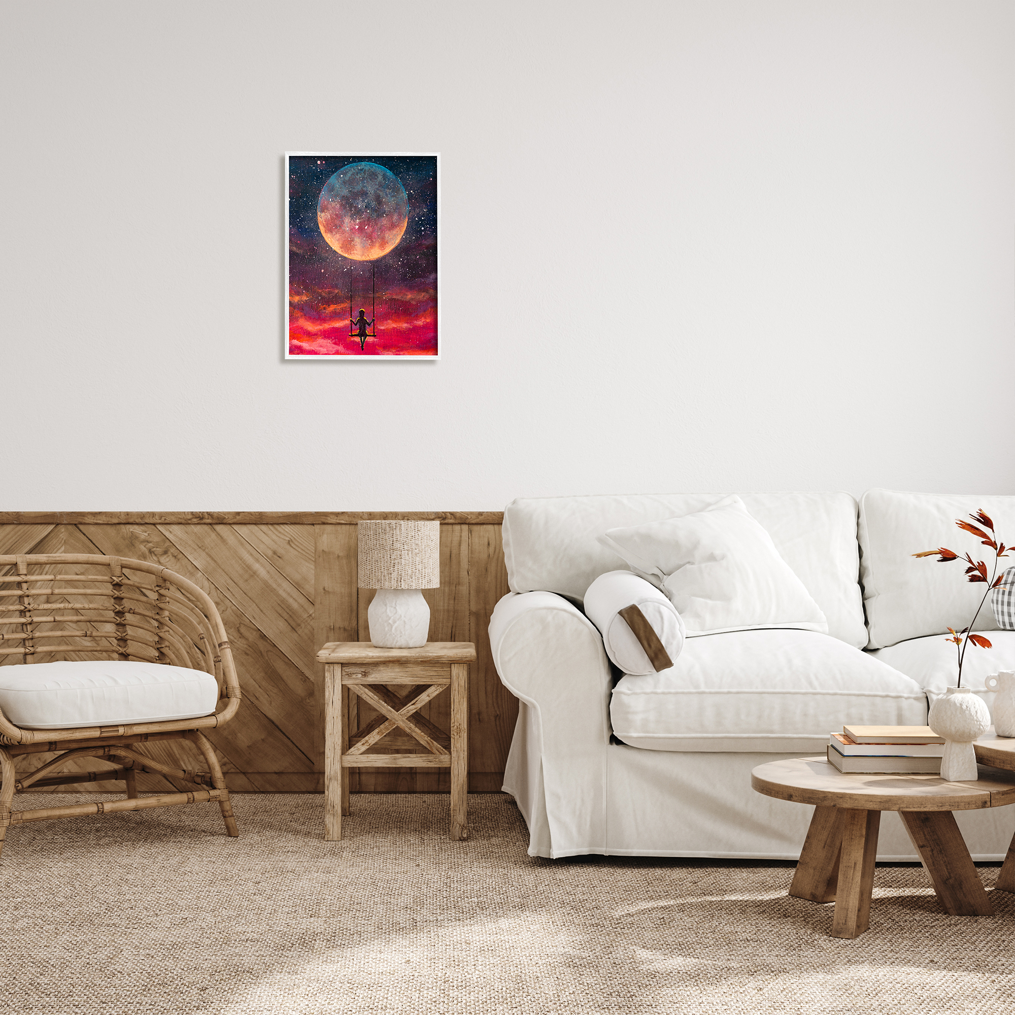 Stupell Industries Person Swinging From Moon Nature Painting White Framed Art Print Wall Art, 16 x 20