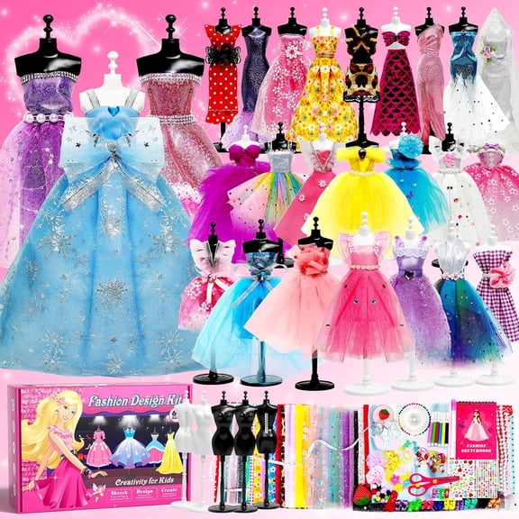 Sunrad Fashion Design Craft Kit for Girls, 1500 DIY Doll Clothing Making Set with 5 Mannequins, Sewing Art Toy Gift for Kids Ages 6‑12