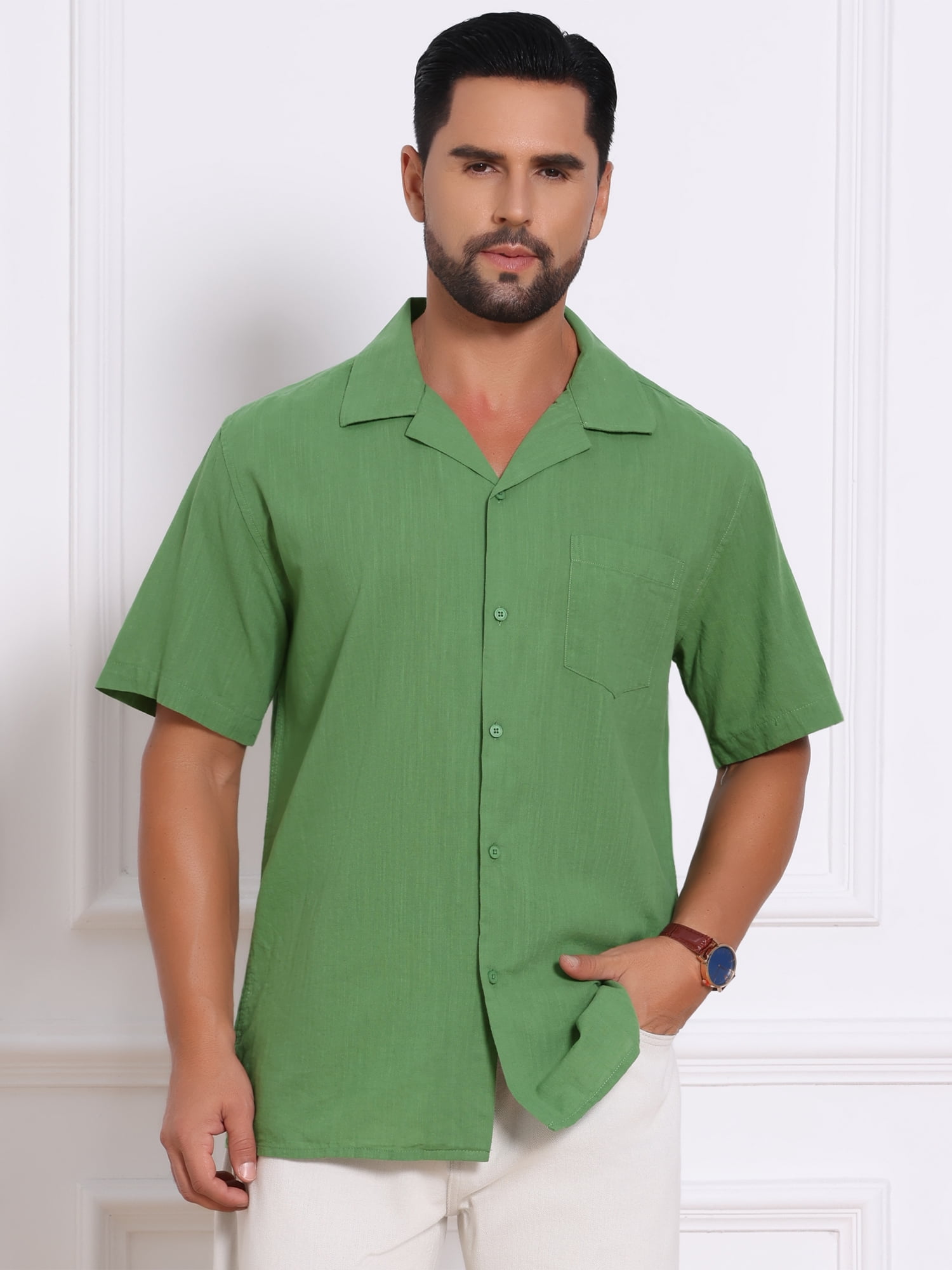 DARING DIVA Men's Camp Collar Button Down Short Sleeve Cotton Shirts L Green