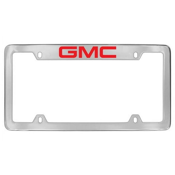 GMC Red Logo Chrome Plated Metal Top Engraved License Plate Frame Holder