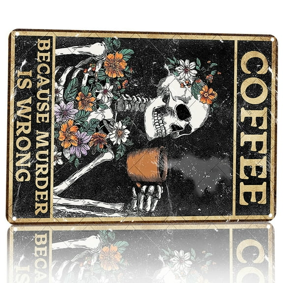 Noete 8x12 Inch Coffee Skull Metal Tin Sign - Retro Flower & Horror Art Wall Decor for Kitchen, Cafe, Home Office, Vintage Gothic Metal Sign Decoration