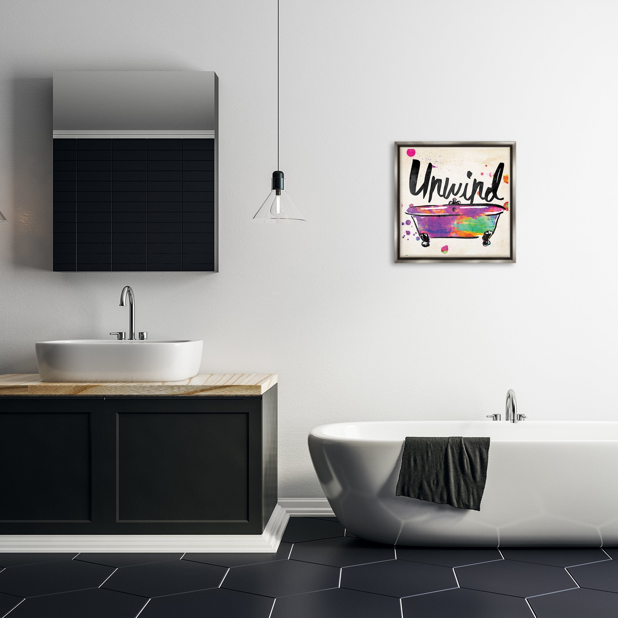 Stupell Industries Unwind Rainbow Colors Icon Bath Typography Painting Gray Floater Framed Canvas Art Print Wall Art, 18 x 18