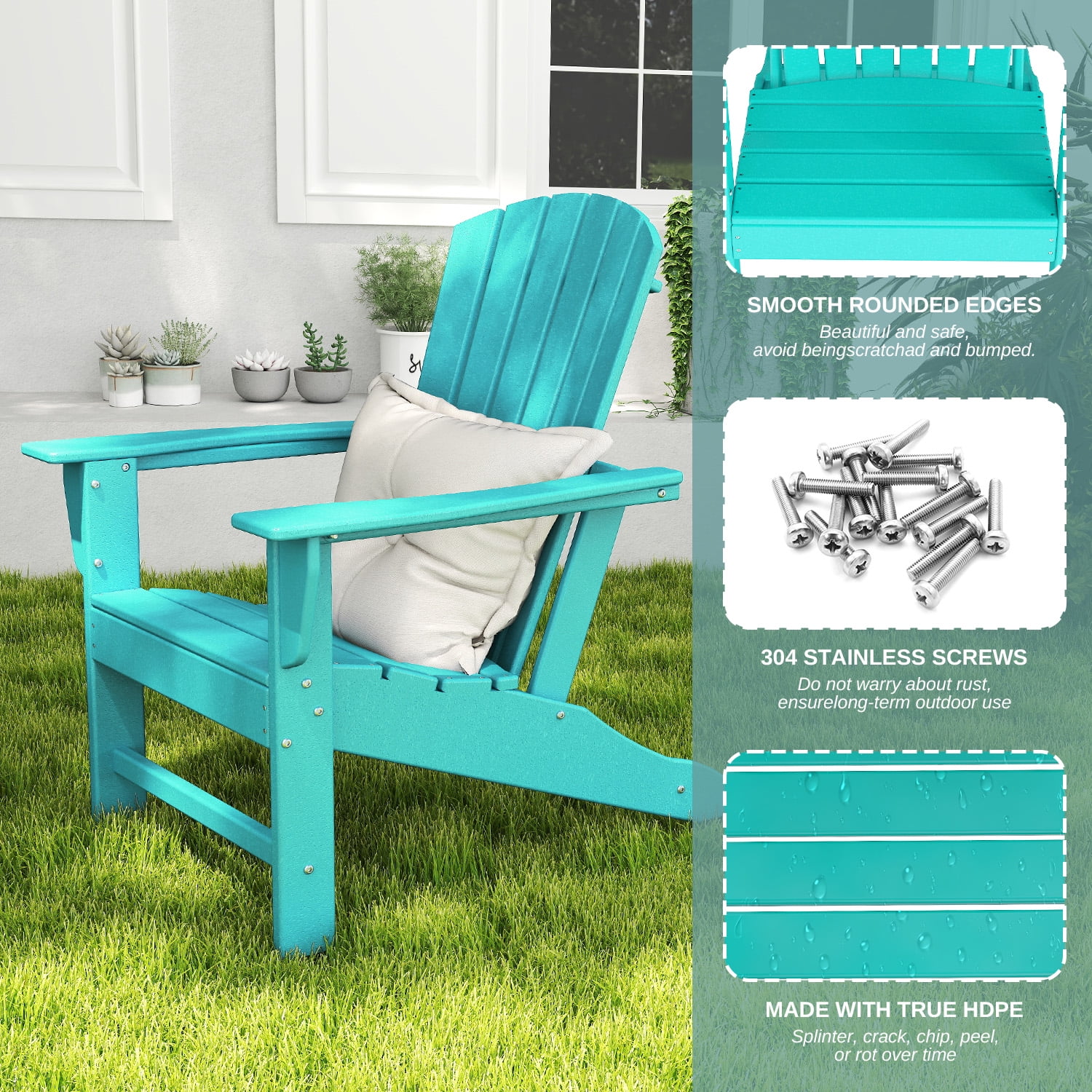 FURRYFECTION Outdoor Adirondack Chair,HDPE All-Weather Adirondack Chair, Plastic Outdoor Patio Lawn Chairs for Patio Garden Backyard Deck,Aqua