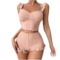 thumbnail image 5 of LEKEK Pajamas for Women Set Ribbed Ruffle Cute Cami Pajama Set Crop Tops and Shorts Slim Fit Solid Lounge Wear Summer Soft 2 Piece Sleepwear, 5 of 6