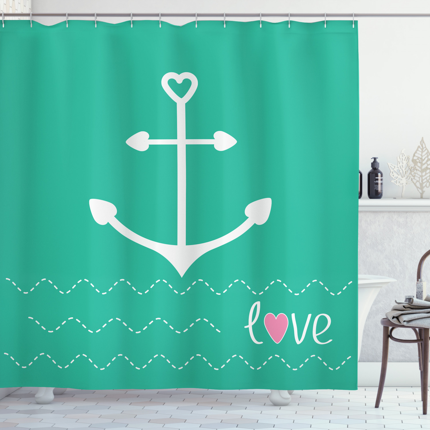 Anchor Decor Shower Curtain Set, Anchor With Heart Shapes And Wavy