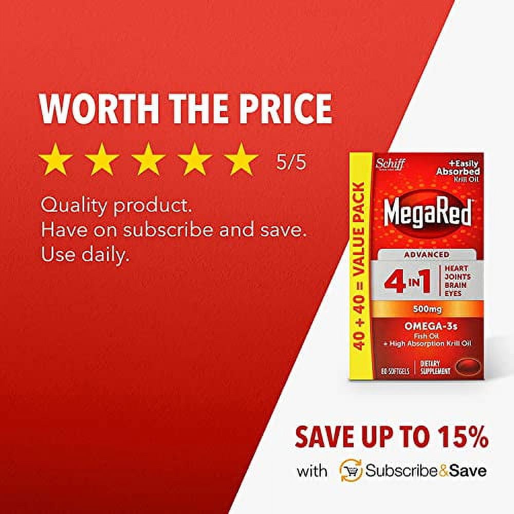 Omega 3 Fish Oil & Antarctic Krill Oil Softgels for Brain, Heart, Joints & Eye Support, MegaRed (80 Count Bottle), Concentrated Omega 3 Fatty Acid Supplement with EPA, DHA, Phospholipids- 3 Pack